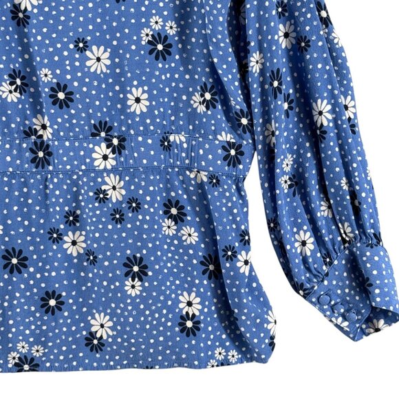 Talbots Plus 1X Blue White Floral Daisey Faux Wrap V Neck Blouse Cottage Boho - Picture 5 of 10